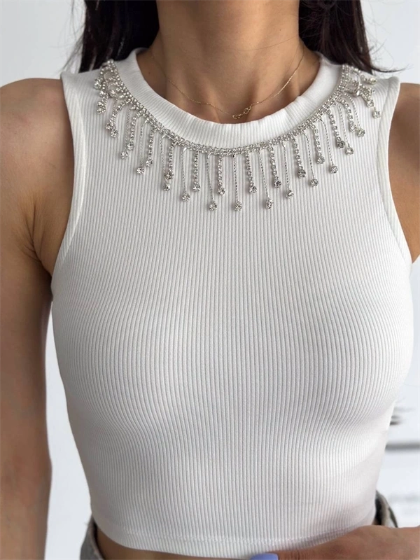 Fitilli Kaşkorse Yakası Zincirli Atlet Beyaz