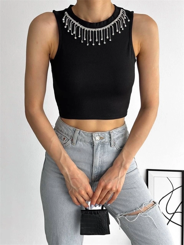 Fitilli Kaşkorse Yakası Zincirli Atlet Siyah