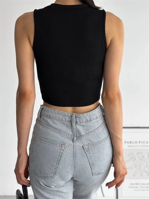 Fitilli Kaşkorse Yakası Zincirli Atlet Siyah