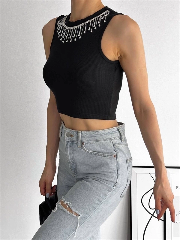 Fitilli Kaşkorse Yakası Zincirli Atlet Siyah