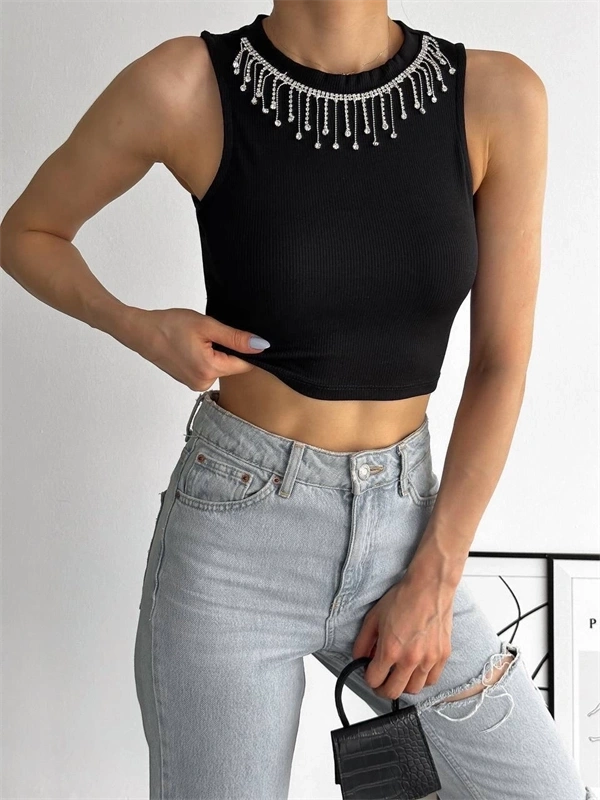 Fitilli Kaşkorse Yakası Zincirli Atlet Siyah