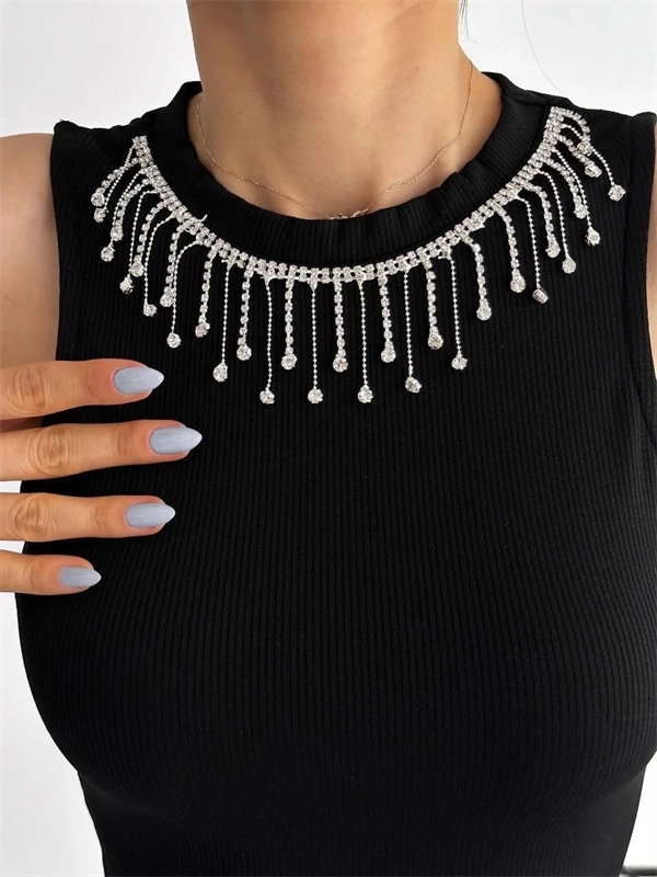 Fitilli Kaşkorse Yakası Zincirli Atlet Siyah