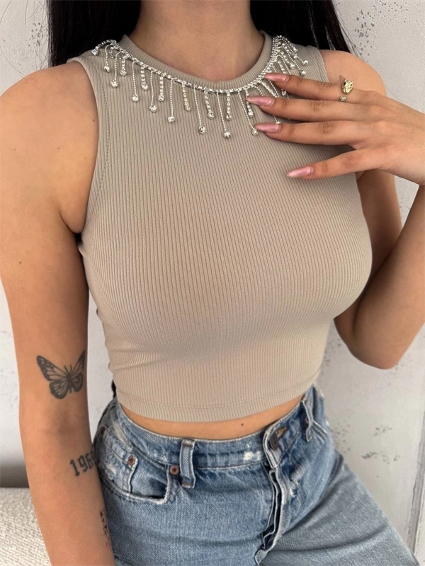 Fitilli Kaşkorse Yakası Zincirli Atlet Vizon