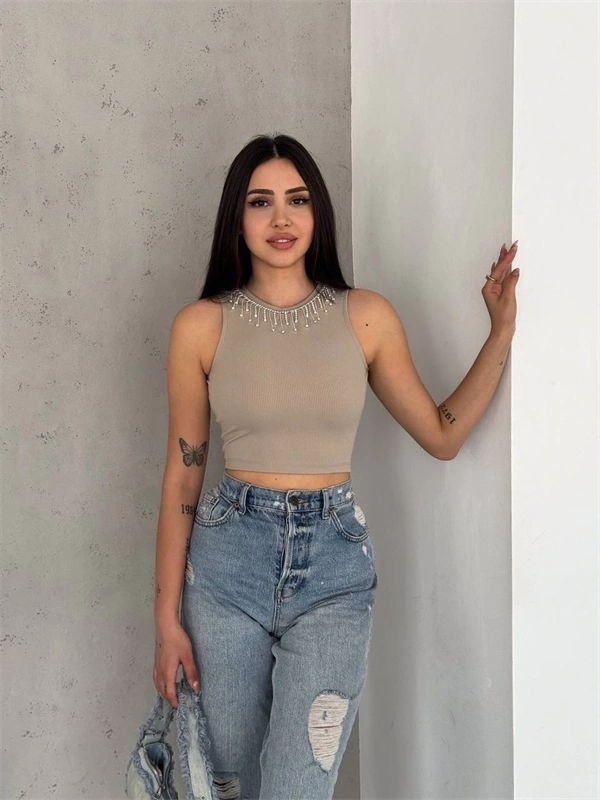 Fitilli Kaşkorse Yakası Zincirli Atlet Vizon