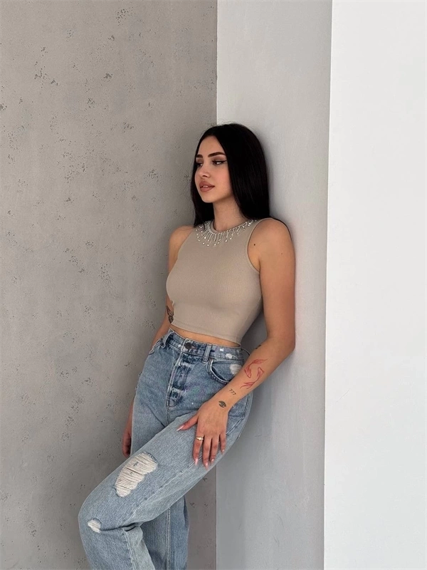 Fitilli Kaşkorse Yakası Zincirli Atlet Vizon