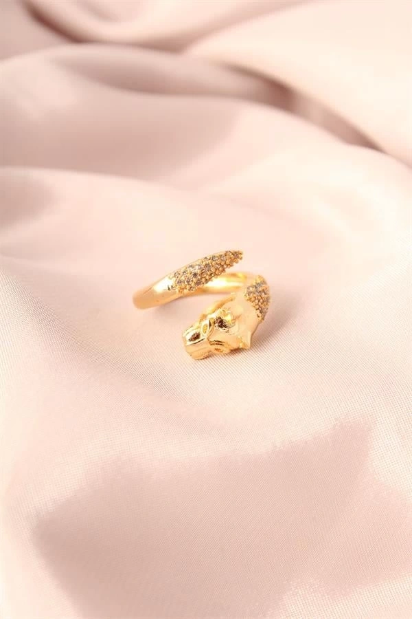 Gold Renk Metal Zirkon Taşlı Kaplan Model Ayarlanabilir Kadın Yüzük