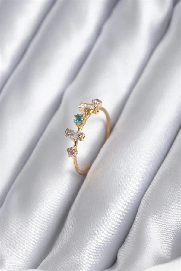 Gold Renk Zirkon Taşlı Renkli Zirkon Taşlı Kadın Yüzük