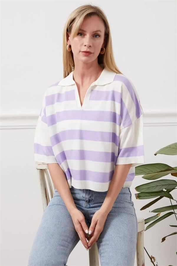 Gömlek yaka çizgili triko tişört