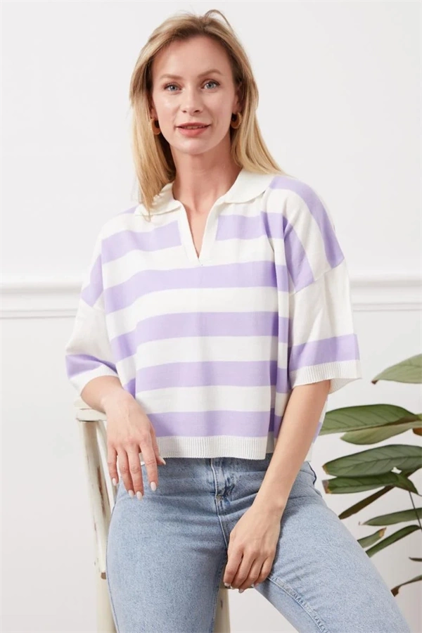 Gömlek yaka çizgili triko tişört