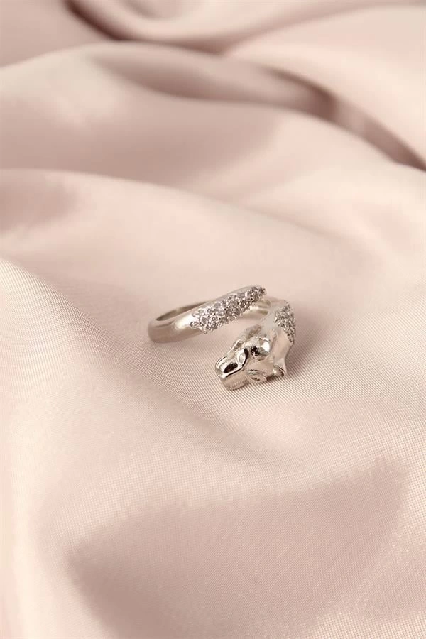 Gümüş Renk Metal Zirkon Taşlı Kaplan Model Ayarlanabilir Kadın Yüzük