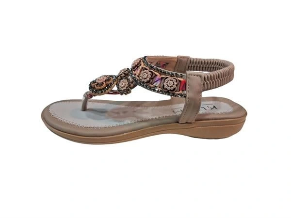 K11202 Deri Üzeri Taş İşlemeli Parmak Arası Kadın Sandalet Bej