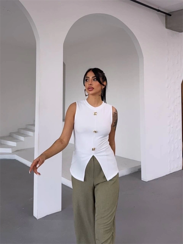 Kadın beyaz bisiklet yaka gold düğmeli ottoman bluz s2310