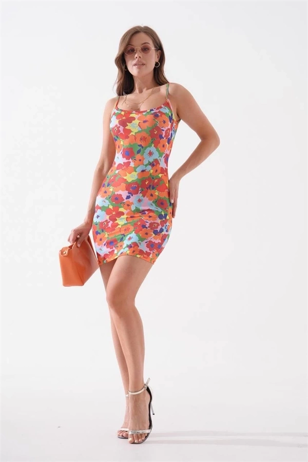 Kadın ince askılı desenli elbise s8105