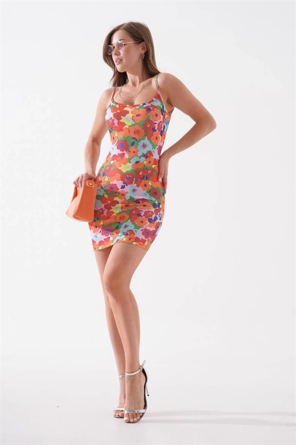 Kadın ince askılı desenli elbise s8105