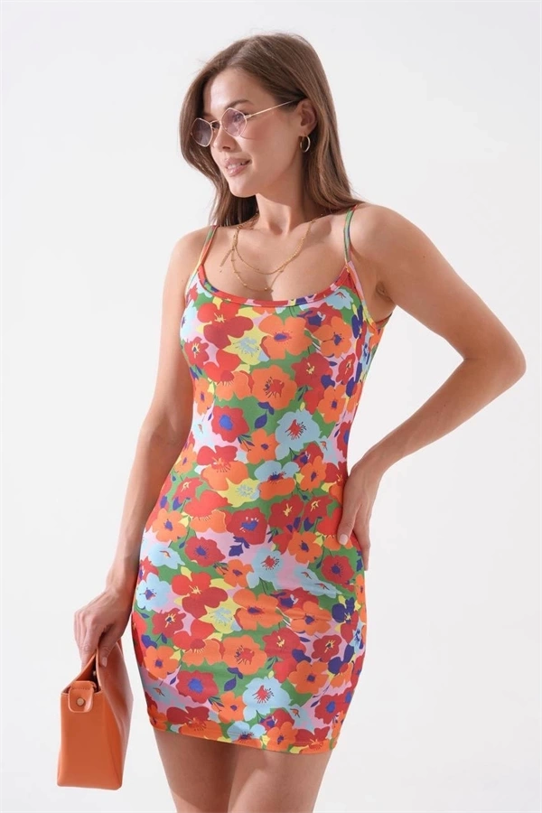 Kadın ince askılı desenli elbise s8105