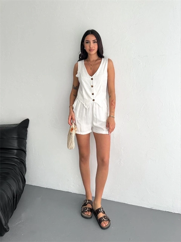 Kadın keten şort yelek takım s3461