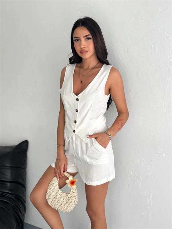 Kadın keten şort yelek takım s3461