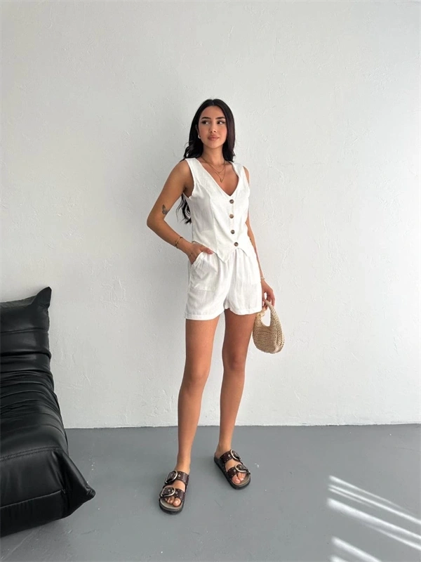 Kadın keten şort yelek takım s3461