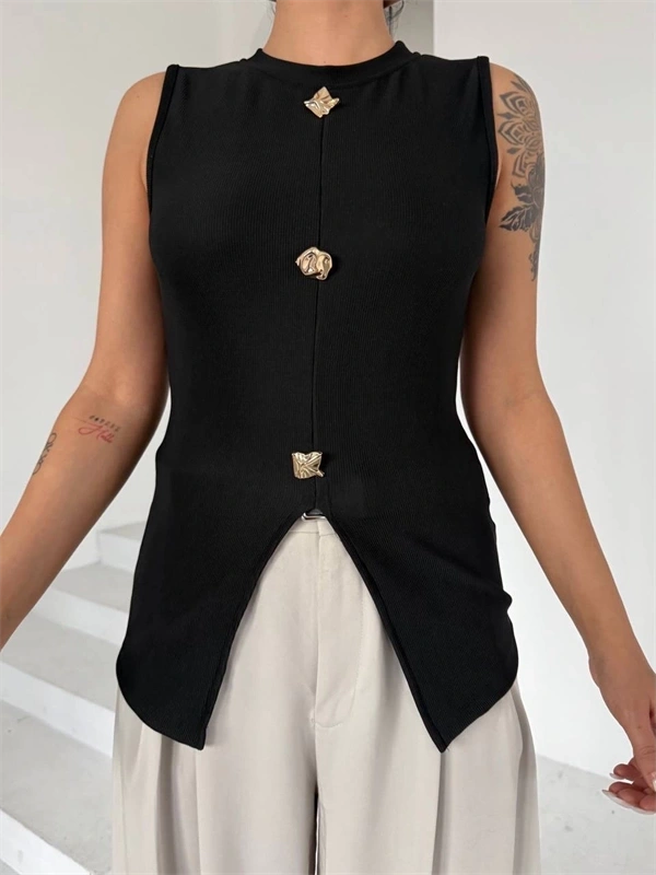 Kadın siyah bisiklet yaka gold düğmeli ottoman bluz s2310