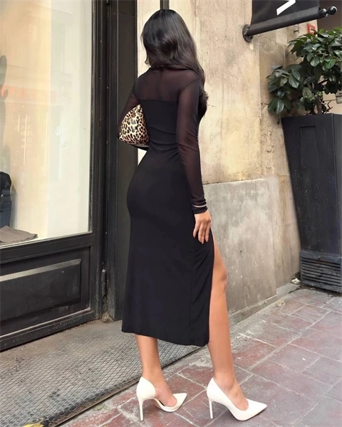 Kadın tül detaylı midi boy yırtmaçlı elbise