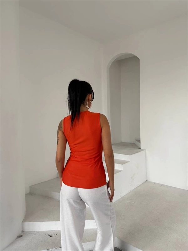 Kadın turuncu bisiklet yaka gold düğmeli ottoman bluz s2310