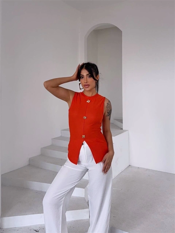 Kadın turuncu bisiklet yaka gold düğmeli ottoman bluz s2310