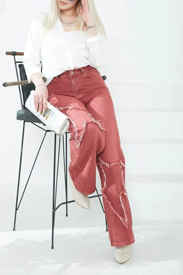 Kadın Yüksel Bel Püskül Detaylı Palazzo Jean Kot Pantolon