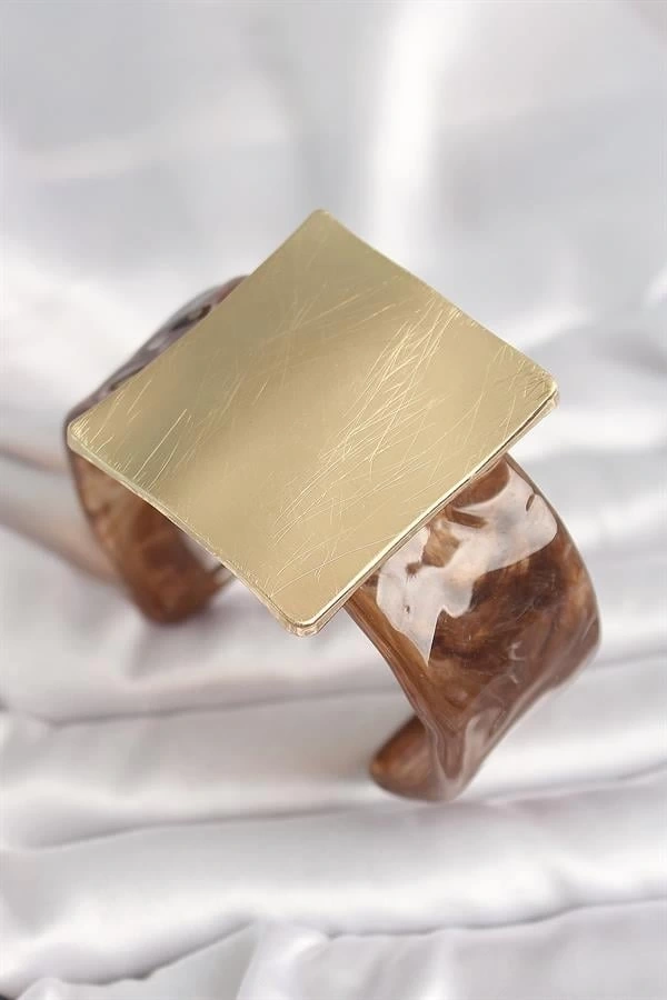 Kahverengi Mermer Desen Akrilik Plastik Gold Kare Plaka Model Vintage Kadın Bilezik