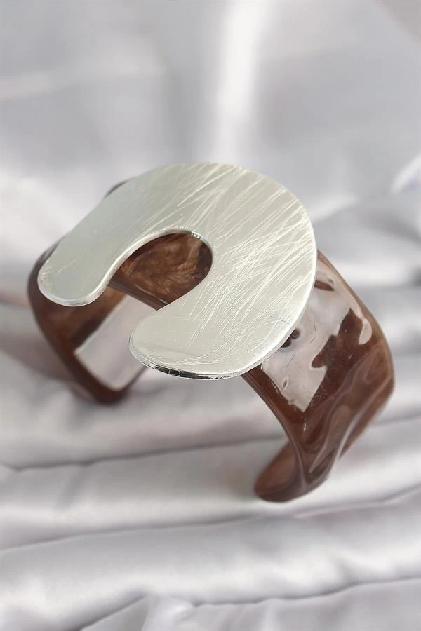 Kahverengi Mermer Desen Akrilik Plastik Gümüş Plaka Model Vintage Kadın Bilezik