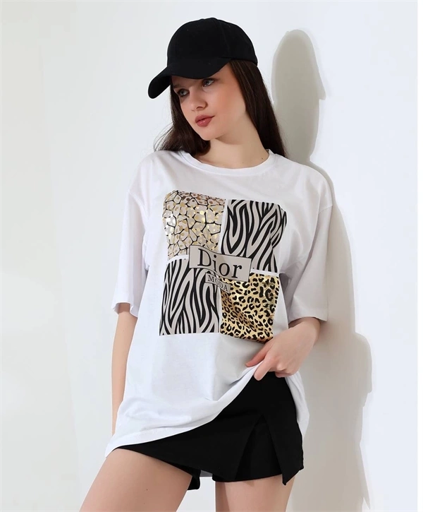 Karma Desenli Oversize Kadın T-Shirt