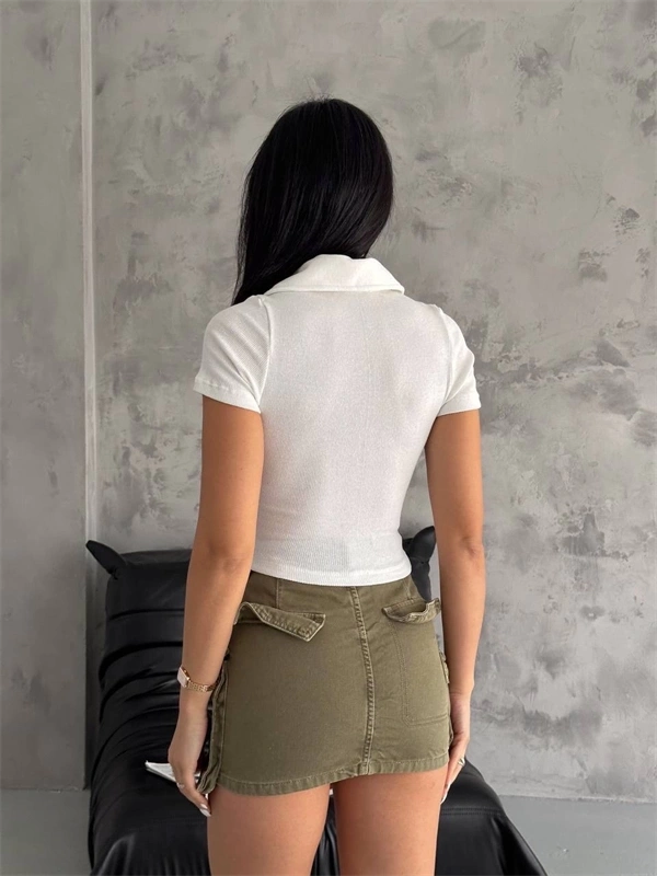 Kaşkorse Yaka Fermuarlı Bluz Beyaz