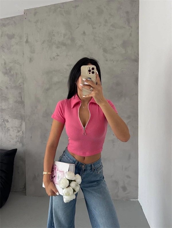 Kaşkorse Yaka Fermuarlı Bluz Fuşya