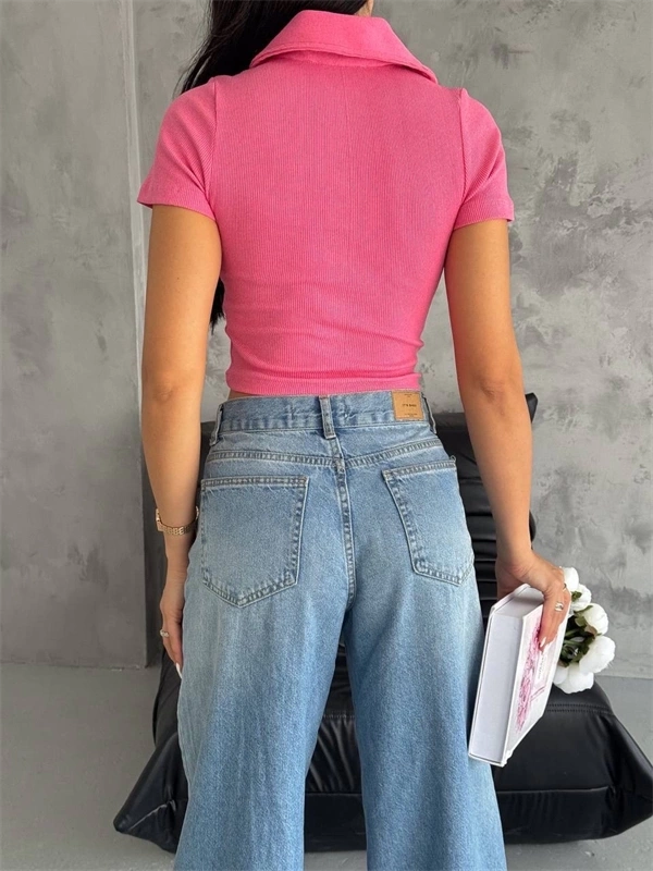 Kaşkorse Yaka Fermuarlı Bluz Fuşya