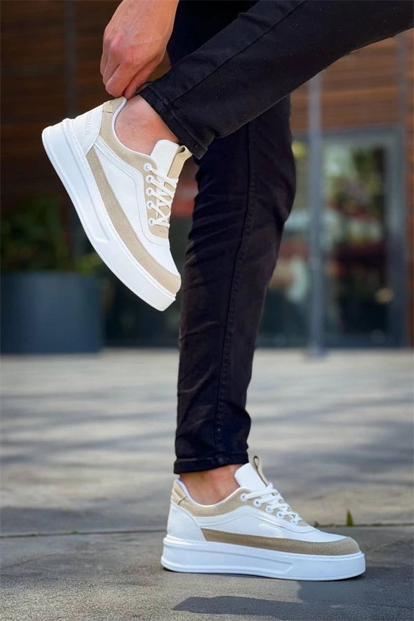 Kb-006 Kuback Beyaz Cilt Bej Süet  Yüksek Taban Bağcıklı Günlük Erkek Ayakkabı