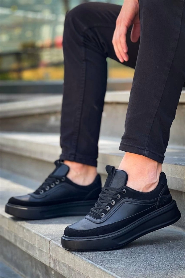 Kb-006 Kuback Siyah Cilt Siyah Yüksek Taban Bağcıklı Günlük Erkek Ayakkabı