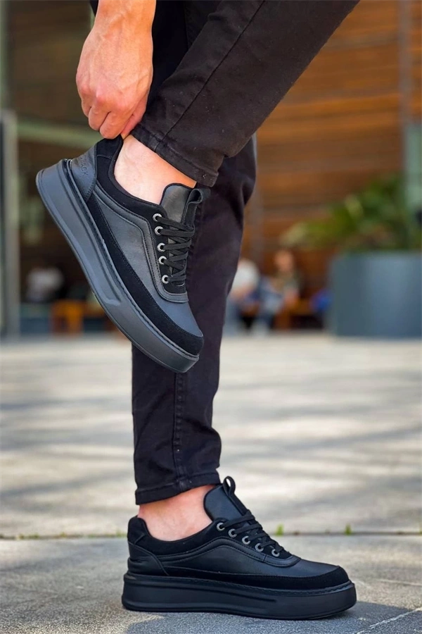 Kb-006 Kuback Siyah Cilt Siyah Yüksek Taban Bağcıklı Günlük Erkek Ayakkabı