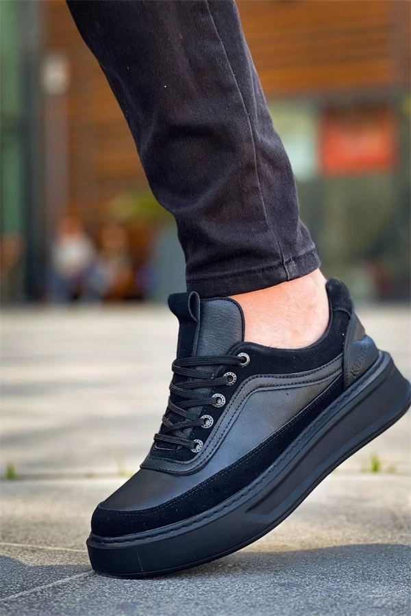 Kb-006 Kuback Siyah Cilt Siyah Yüksek Taban Bağcıklı Günlük Erkek Ayakkabı