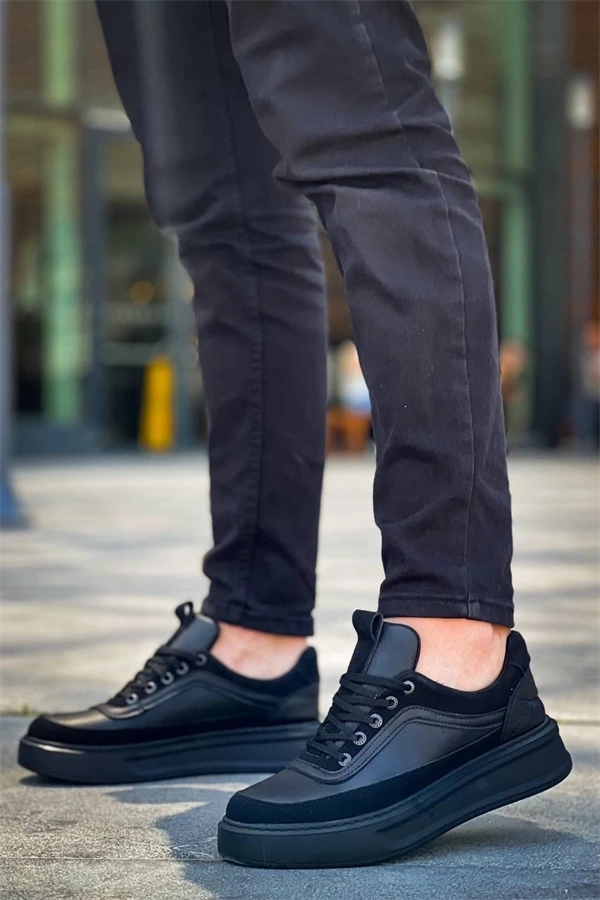 Kb-006 Kuback Siyah Cilt Siyah Yüksek Taban Bağcıklı Günlük Erkek Ayakkabı