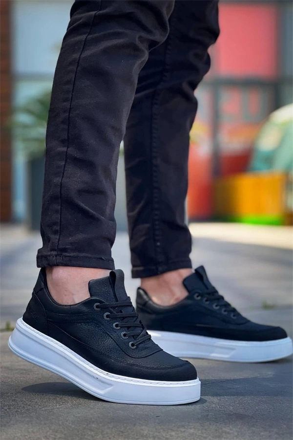 Kb-006 Kuback Siyah Cilt Yüksek Taban Bağcıklı Günlük Erkek Ayakkabı