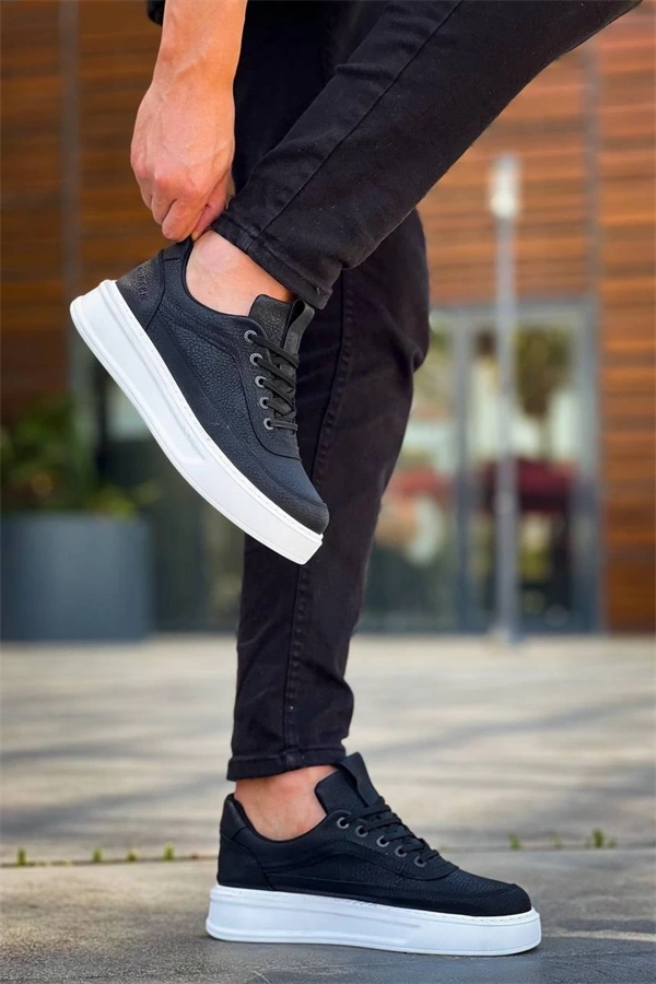 Kb-006 Kuback Siyah Cilt Yüksek Taban Bağcıklı Günlük Erkek Ayakkabı