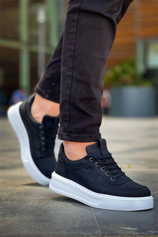 Kb-006 Kuback Siyah Cilt Yüksek Taban Bağcıklı Günlük Erkek Ayakkabı