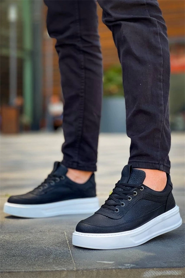 Kb-006 Kuback Siyah Cilt Yüksek Taban Bağcıklı Günlük Erkek Ayakkabı