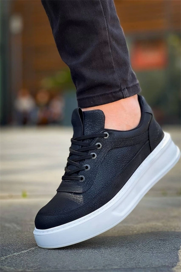 Kb-006 Kuback Siyah Cilt Yüksek Taban Bağcıklı Günlük Erkek Ayakkabı