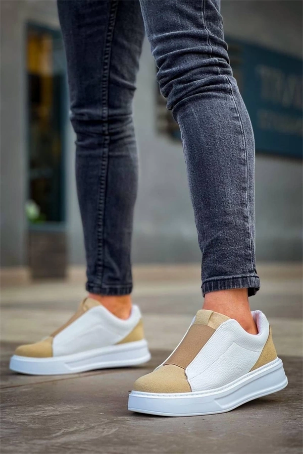 Kb-007  Kuback  Beyaz Bej Yüksek Taban Tek Bant Bağcıksız Günlük Erkek Ayakkabı