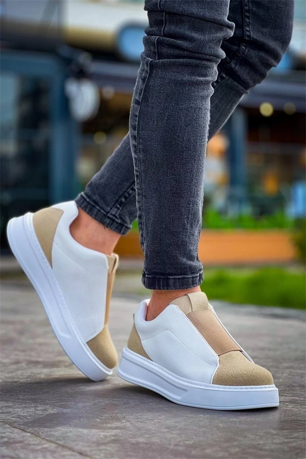 Kb-007  Kuback  Beyaz Bej Yüksek Taban Tek Bant Bağcıksız Günlük Erkek Ayakkabı