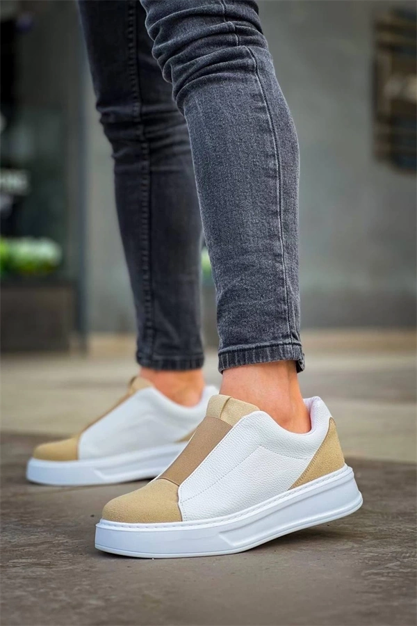 Kb-007  Kuback  Beyaz Bej Yüksek Taban Tek Bant Bağcıksız Günlük Erkek Ayakkabı