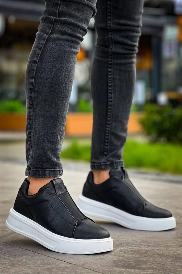 Kb-007  Kuback Siyah Beyaz Yüksek Taban Tek Bant Bağcıksız Günlük Erkek Ayakkabı
