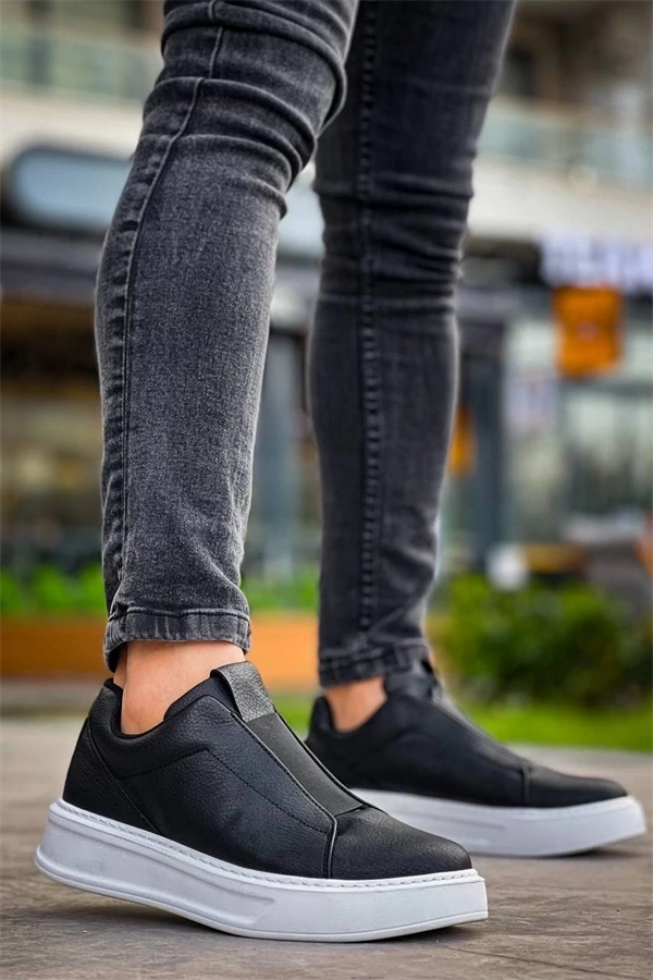 Kb-007  Kuback Siyah Beyaz Yüksek Taban Tek Bant Bağcıksız Günlük Erkek Ayakkabı