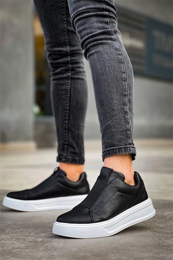 Kb-007  Kuback Siyah Beyaz Yüksek Taban Tek Bant Bağcıksız Günlük Erkek Ayakkabı