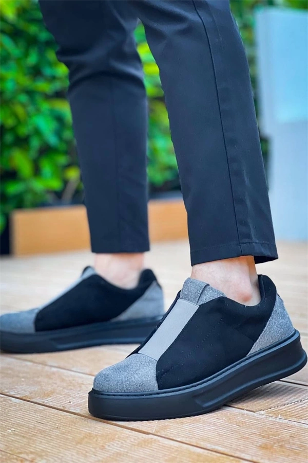 Kb-007  Kuback Siyah Gri Siyah Yüksek Taban Tek Bant Bağcıksız Günlük Erkek